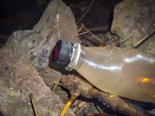 Eine Plastikflasche liegt zwischen Steinen und Ästen