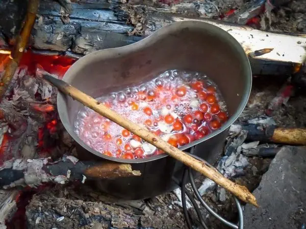 Kessel mit kochendem Wasser und roten Zutaten über Feuerstelle