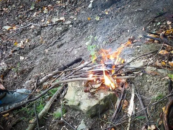 Kleine Flamme brennt auf einem Holzstapel in der Erde
