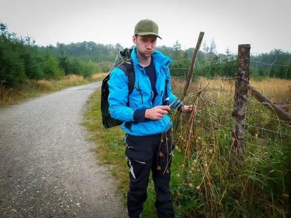 Mann schneidet mit einem Messer Äste neben einem Weg ab