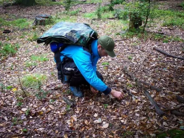 Person beugt sich über den Boden und sammelt Äste im Laubwald