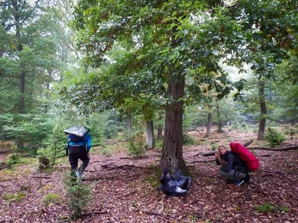 Person mit Rucksack geht durch den Wald, andere Person sitzt am Boden