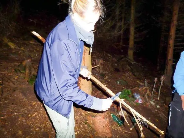 Person schneidet einen Stock mit einem Messer im Wald