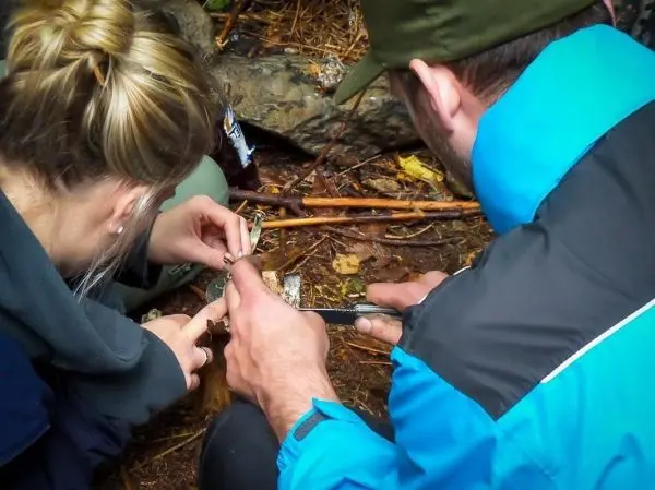 Zwei Personen bearbeiten gemeinsam ein Stück Holz mit einem Messer
