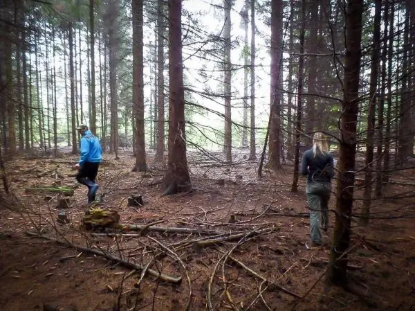 Zwei Personen bewegen sich durch einen bewaldeten Bereich mit vielen Ästen und Baumstämmen