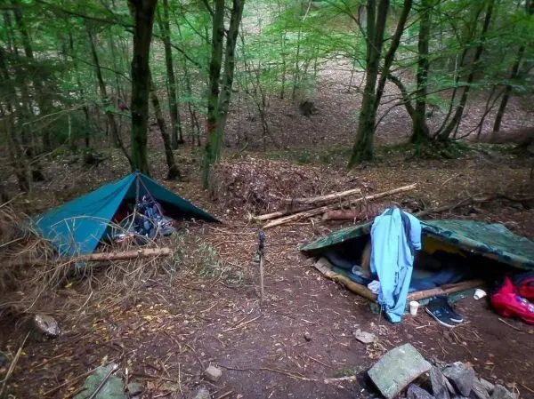 Zwei Tarp-Notunterkünfte aus Planen und Ästen im Wald, mit Holzunterlagen