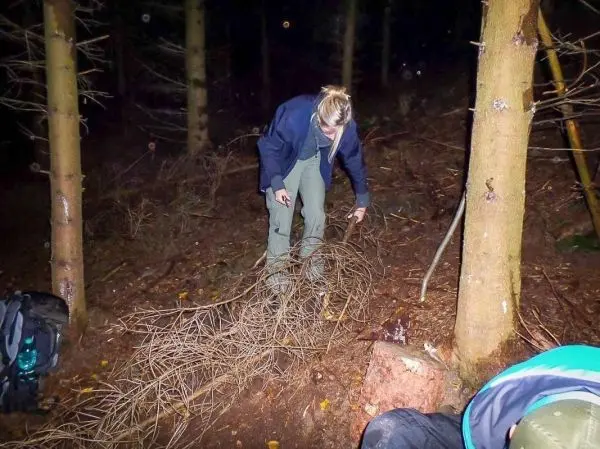 Zweige werden im Wald zum Bau einer Notunterkunft gesammelt