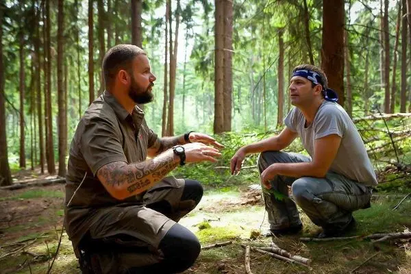 Zwei Personen sitzen im Wald und diskutieren gestikulierend über Survival-Techniken