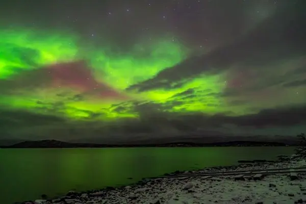 Grüne und violette Polarlichter erleuchten den Nachthimmel über einem schneebedeckten Ufer