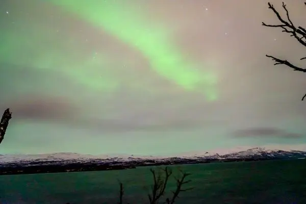 Nordlichter leuchten über schneebedeckten Bergen und einem Gewässer
