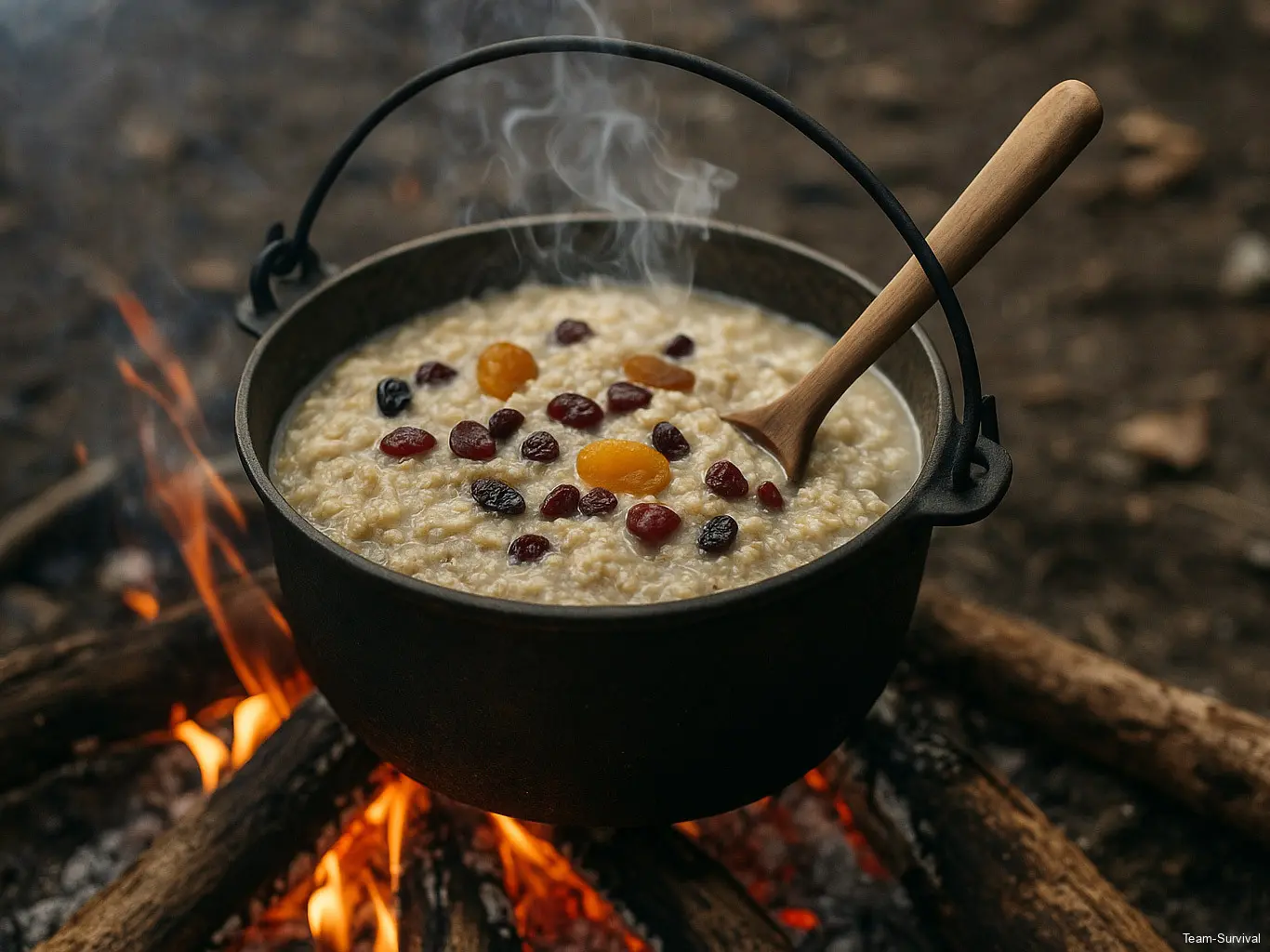 Porridge mit Trockenfrüchten vom Feuer