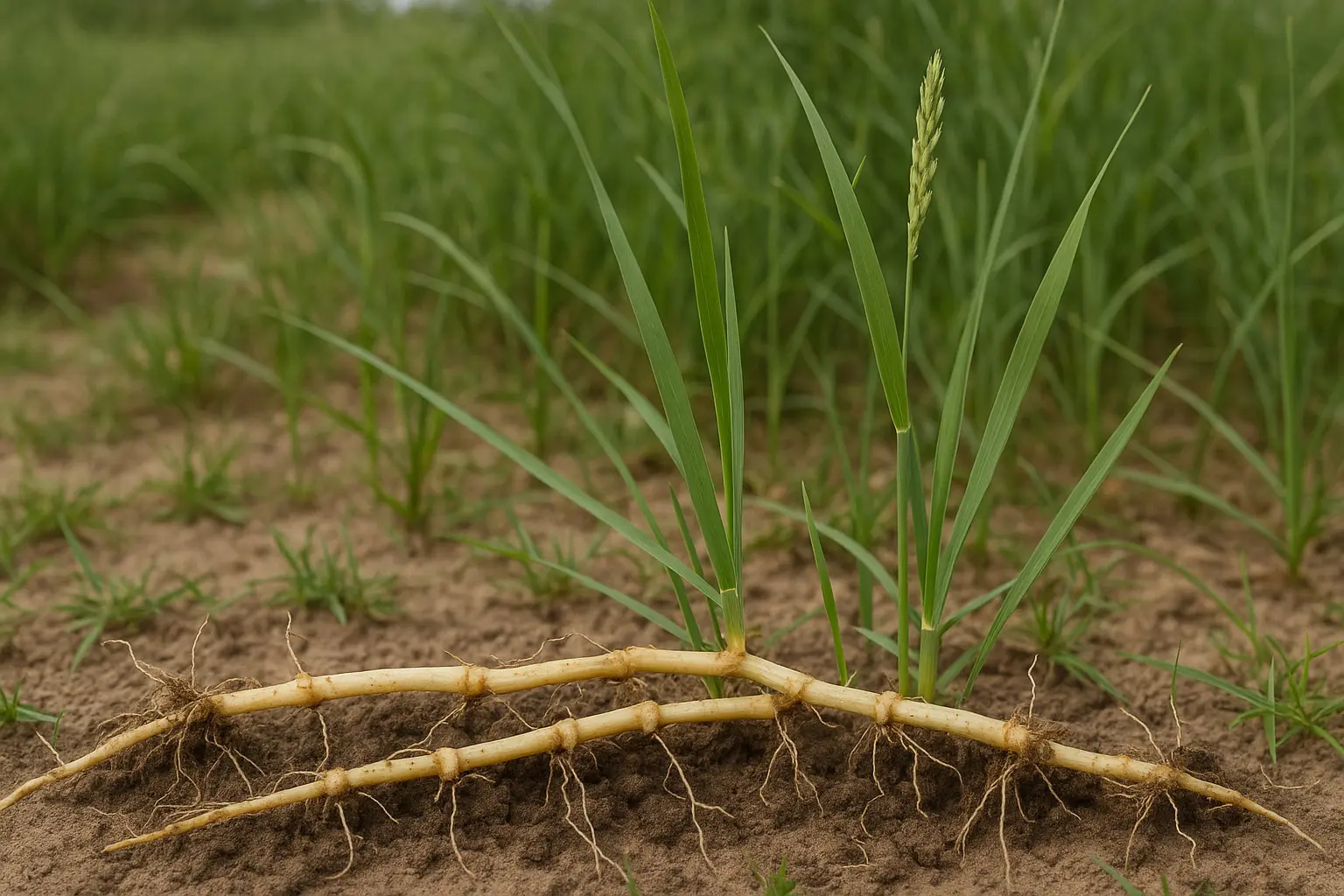 Quecke mit langen, gelblichen Rhizomen und knotigen Abschnitten; flache Blätter am Halm