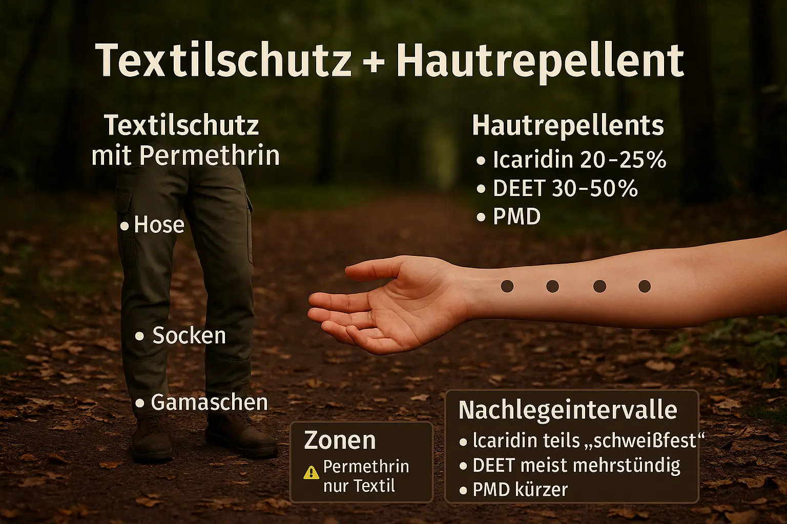 Infografik in Deutsch: Textilschutz mit Permethrin vs. Hautrepellents mit Icaridin/DEET; Zonen, Intervalle, Kombinationsstrategie