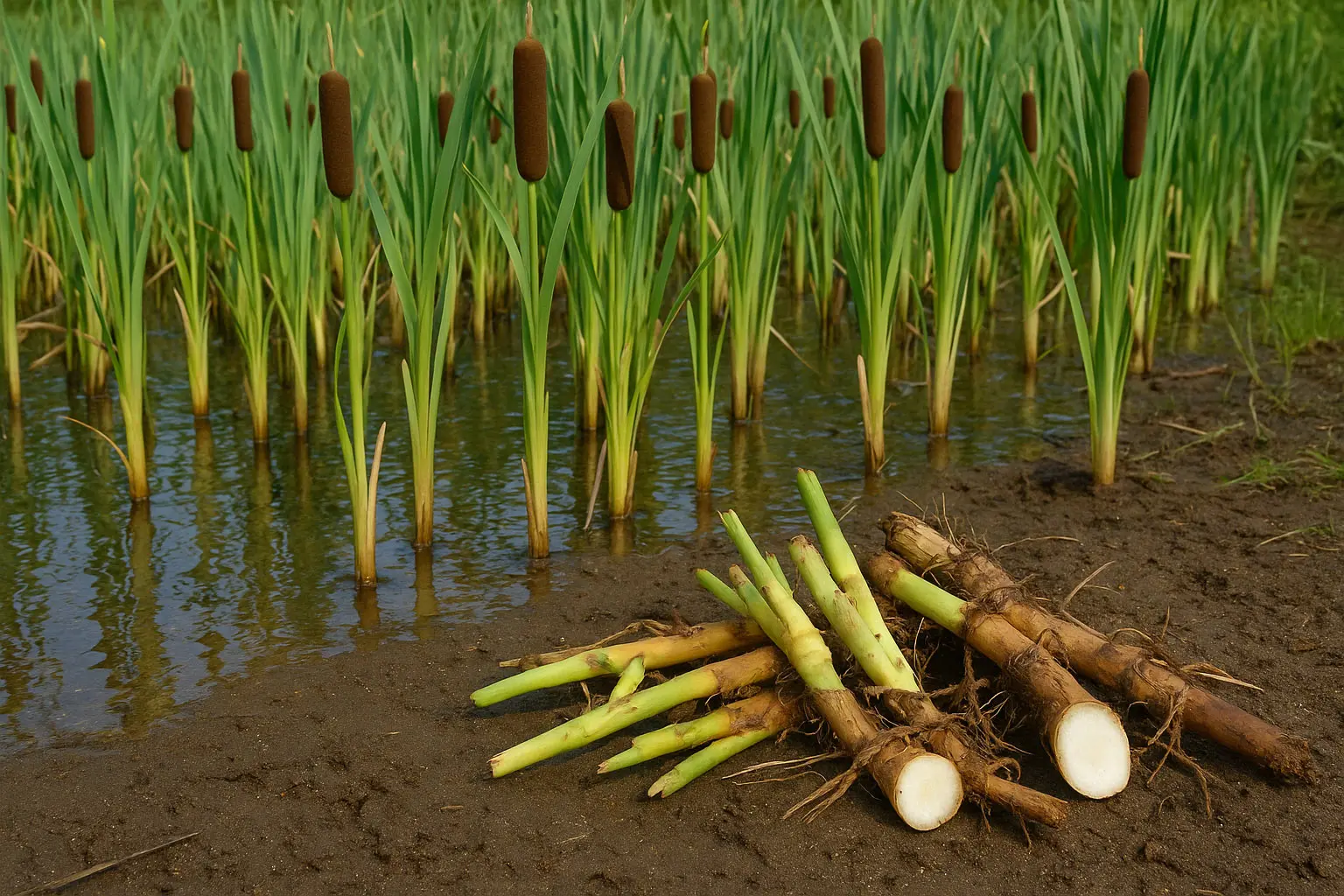 Rohrkolbenbestand am Flachufer; kräftige, waagerecht wachsende Rhizome mit weißen Marksträngen