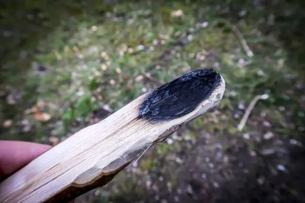 Holzstück mit verbrannter Spitze in der Hand gehalten
