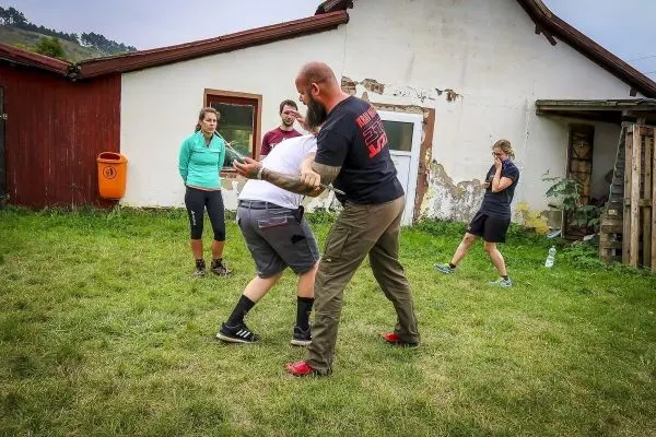 Kampftraining mit zwei Personen im Austausch von Techniken auf einer Wiese