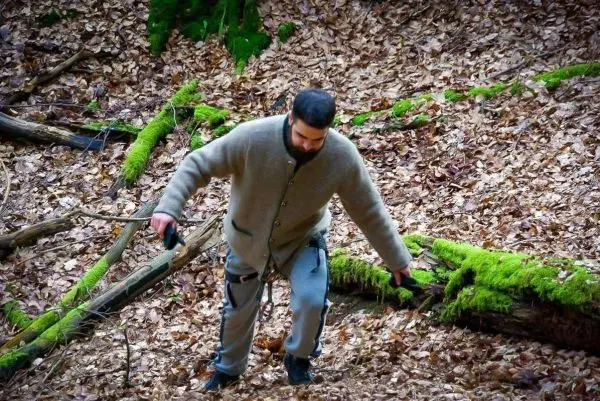 Mann klettert über einen umgestürzten Baum im Laubwald