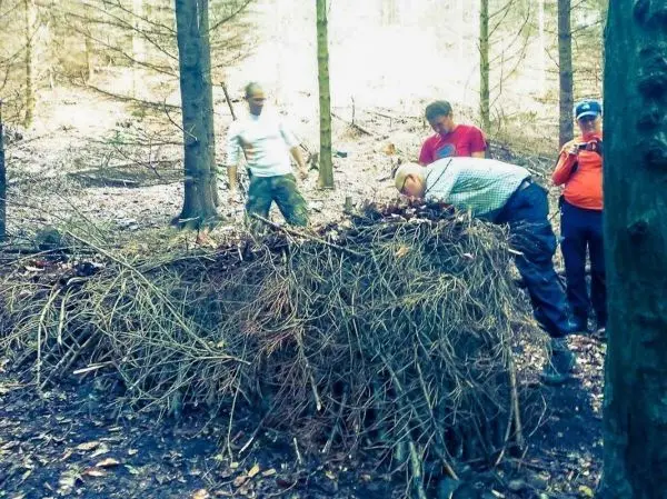Gruppierung arbeitet an einer selbstgebauten Laubhütte aus Ästen und Blättern