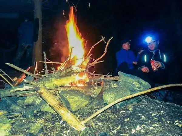 Kleine Flamme brennt zwischen Holzstücken und Steinen im Wald