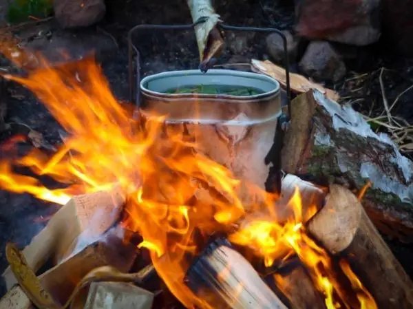 Kessel über offenem Feuer mit lodernden Flammen und Holzscheiten