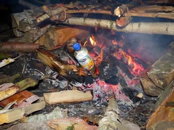 Kleine Flamme lodert zwischen Holzscheiten und einer Flasche über Glut