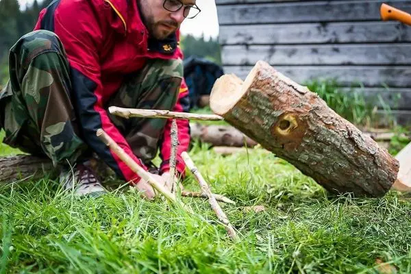 Person bearbeitet Holzstück mit Ästen im Gras