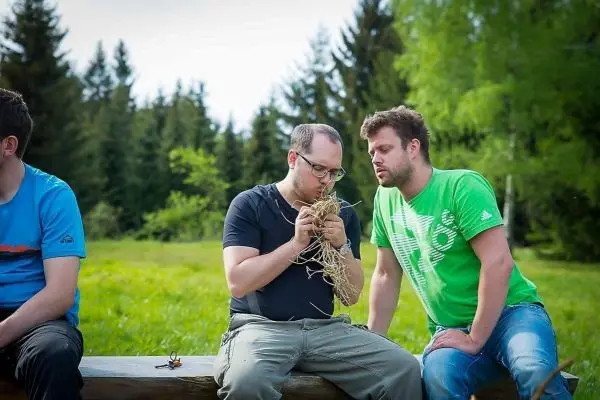 Person formt Pflanzenmaterial und wird von einer anderen Person beobachtet