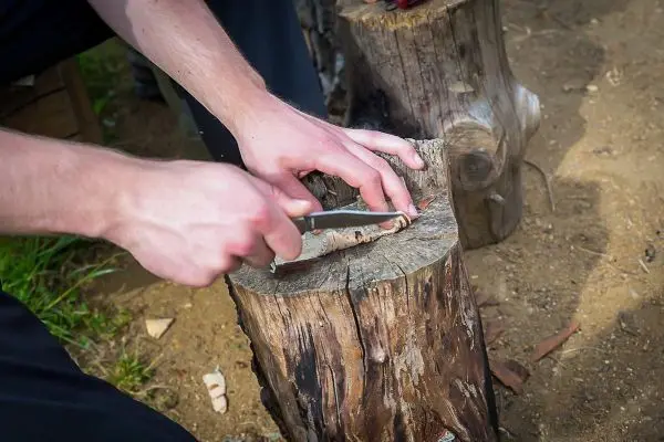 Person schnitzt mit einem Messer in einen Holzstamm beim Überlebenstraining
