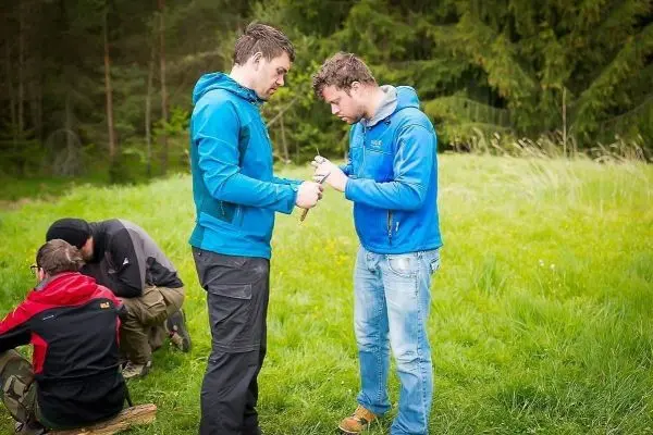 Zwei Personen arbeiten gemeinsam an einem Holzstück im Freien