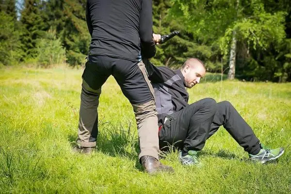 Zwei Personen im Gras, eine zieht die andere mit einem Stock nach hinten