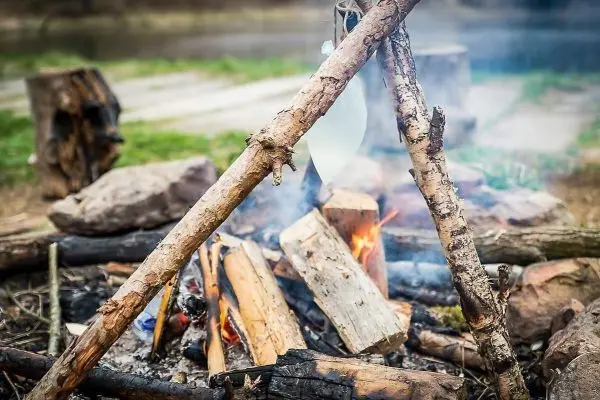 Feuer brennt zwischen Holzstämmen im Freien