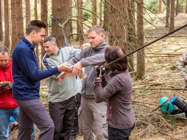 Gruppendynamik bei einer praktischen Übung im Wald mit Seil und Ausrüstung