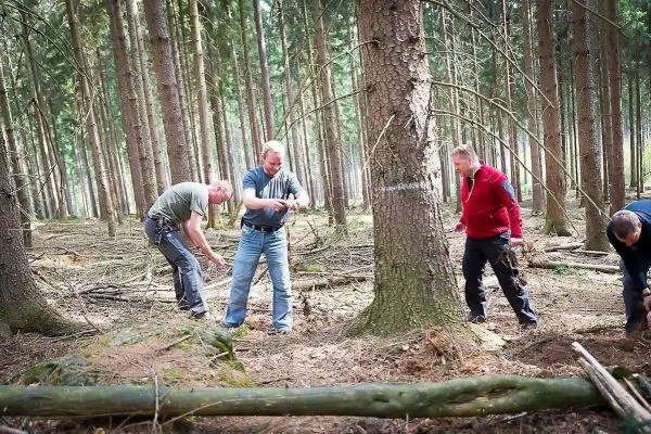 Männer bearbeiten Holzstücke im Wald mit verschiedenen Werkzeugen