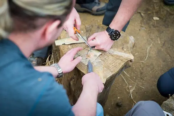 Messer schneidet Holzstück auf einem Baumstumpf, während eine Säge eingesetzt wird