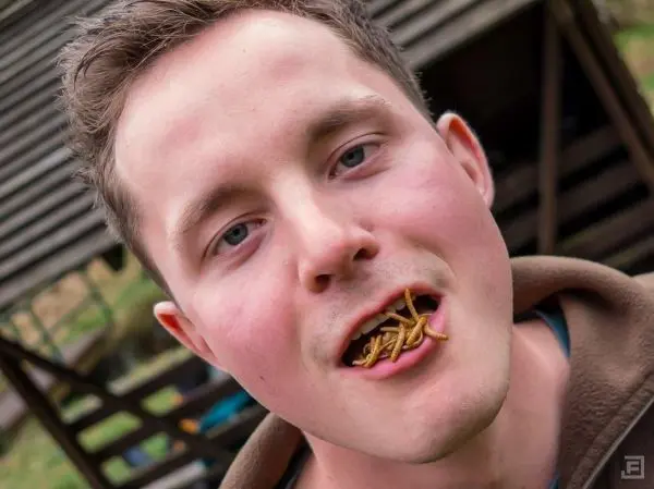 Person hält Insekten im Mund