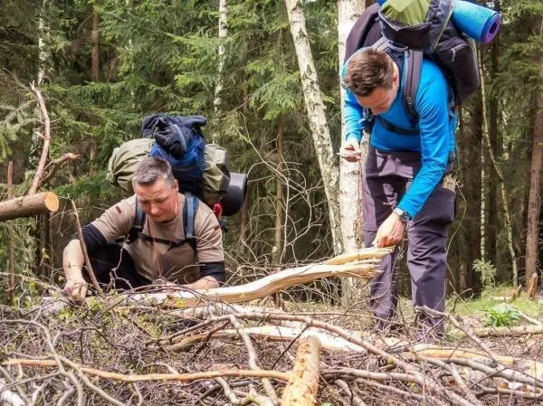Zwei Personen sammeln Äste im Wald für eine Konstruktion