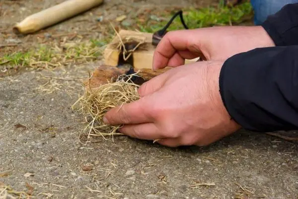 Person bereitet Zunder aus Gras und Holz vor beim Survival Training