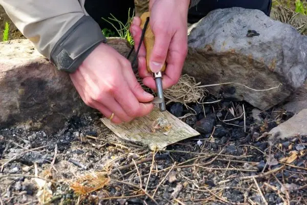 Person zündet Papier mit Feuerstahl an beim Überlebenstraining
