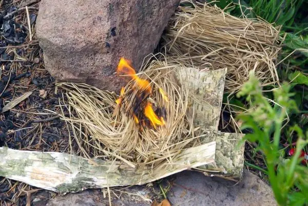 Zunder glimmt in einem Zundernest aus Gras und Rinde