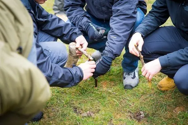Hände formen Zundernest aus Rinde und Holzstücken auf dem Boden