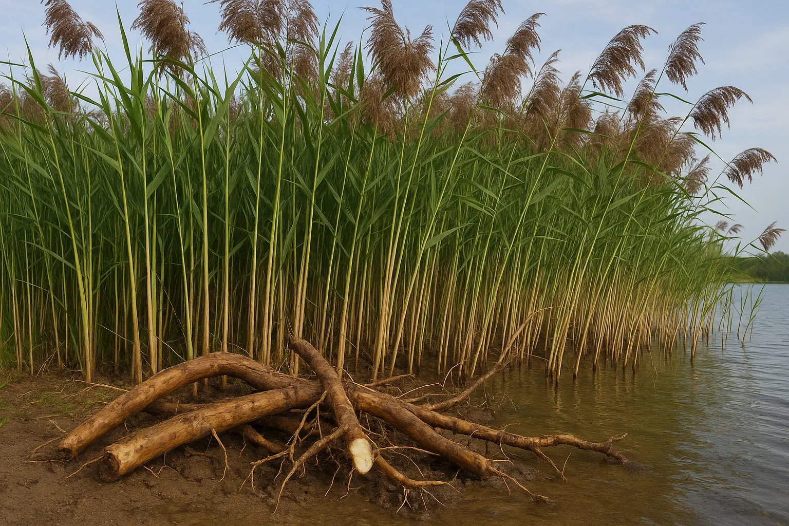 Gemeines Schilf mit hohen Halmen und dicken, kriechenden Rhizomen; braune Rispen im Spätsommer