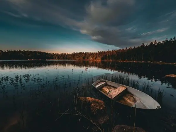 Ein Boot liegt an einem ruhigen Seeufer zwischen Steinen und Pflanzen