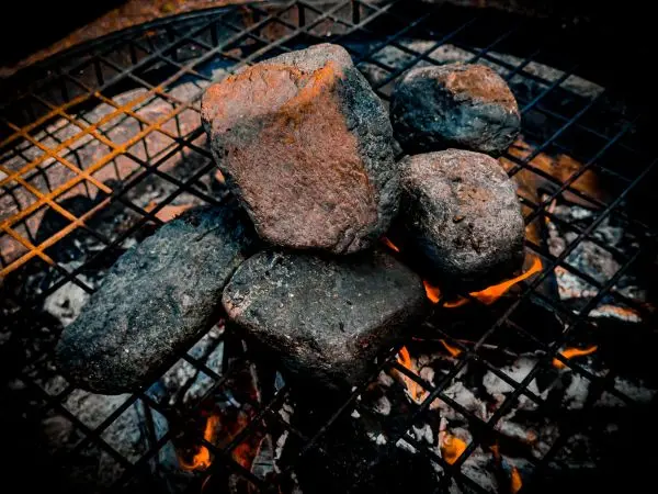 Kohlebriketts liegen auf einem Grillrost über glühenden Kohlen