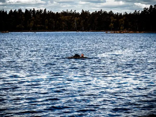 Mensch schwimmt in einem Gewässer mit ruhiger Oberfläche und bewaldetem Ufer