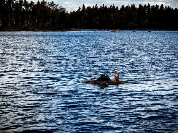 Person schwimmt im Wasser mit einem Hund