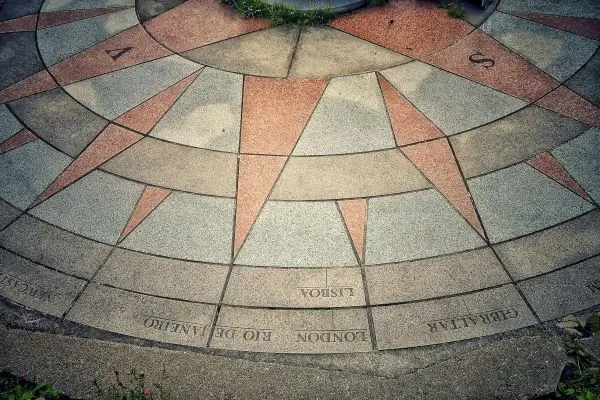 Kompassrose aus Stein mit verschiedenen Himmelsrichtungen und Städtenamen