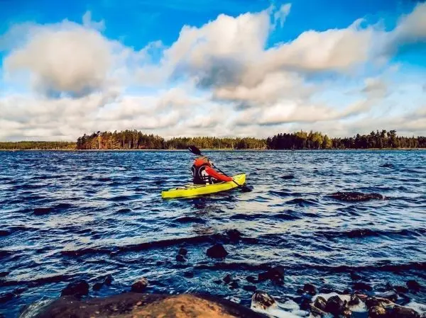 Kajakfahrer paddelt auf einem Gewässer mit bewaldetem Ufer im Hintergrund