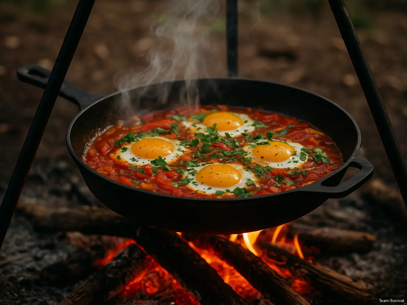Shakshuka aus der Pfanne am Lagerfeuer