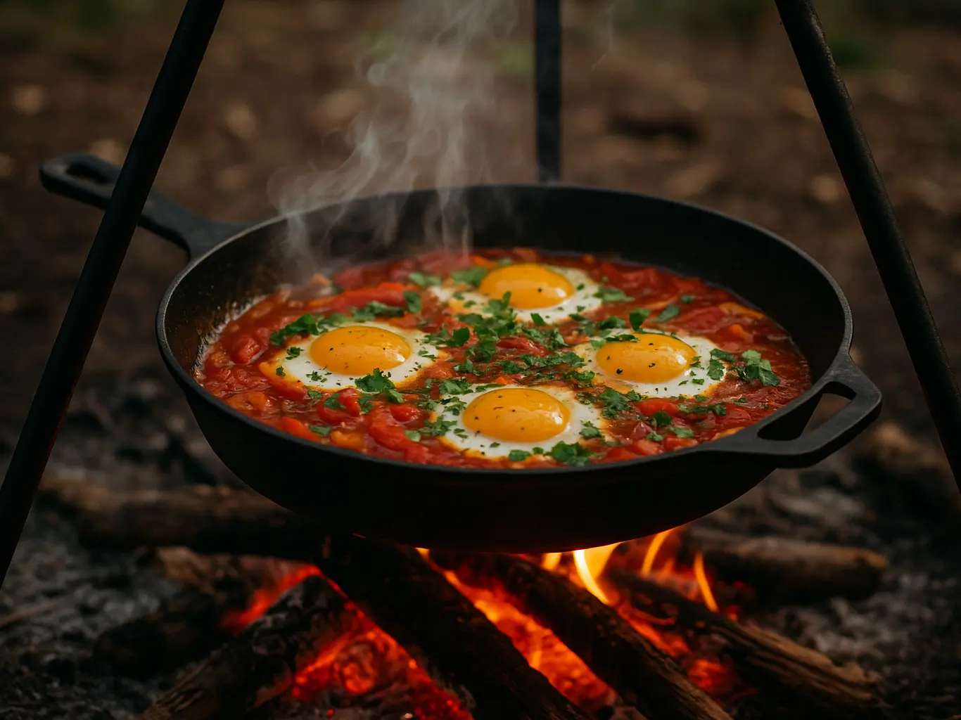 Shakshuka aus der Pfanne am Lagerfeuer