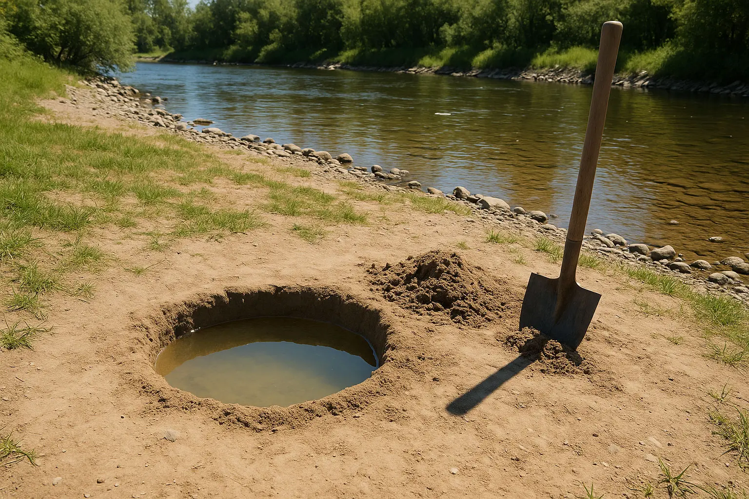 kiesiger Boden, daneben Erdhaufen und eingesteckter Spaten; ruhiger Flusslauf und Ufervegetation im Hintergrund
